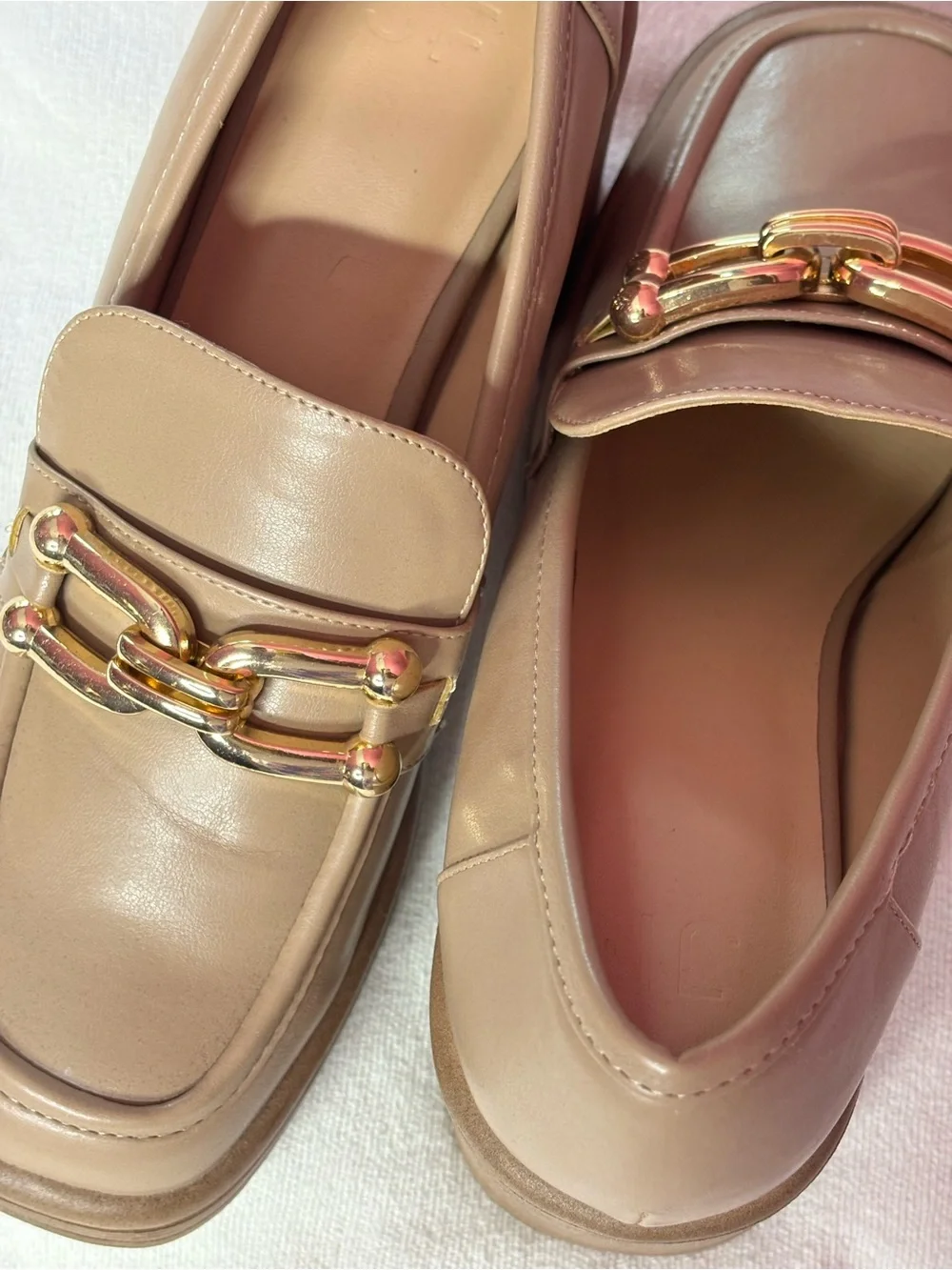 JustFab Beige Platform Loafers with Gold Chain